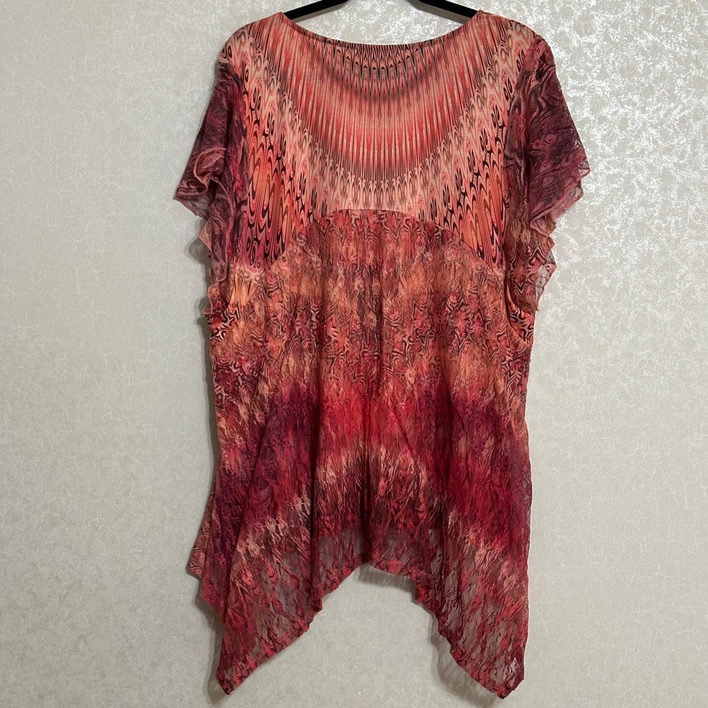 Energe World Wear Tunic Flutter Cap Sleeve Bohemian Studded Lace Red & Orange 1X - Picture 2 of 7